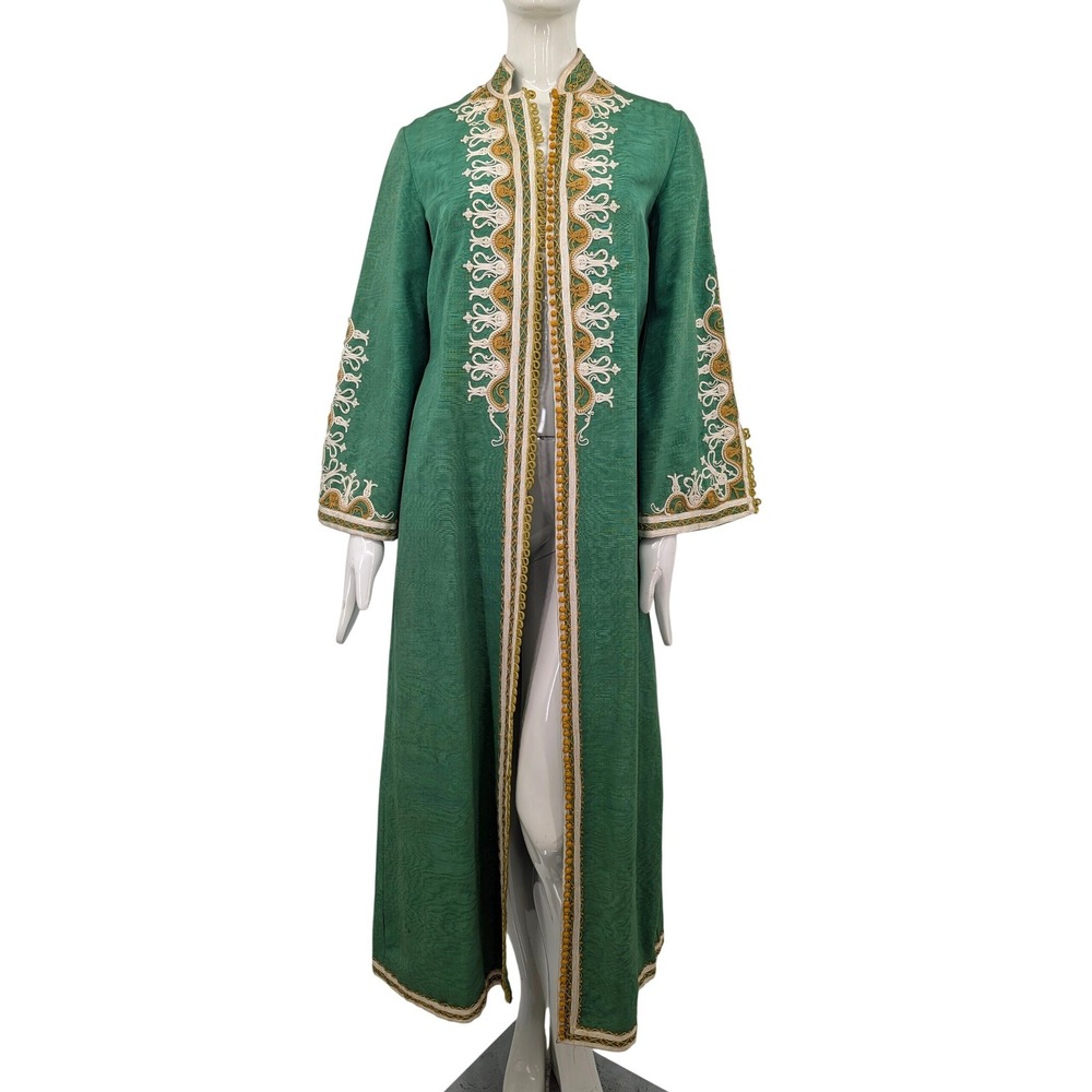 Vintage Atlas Moroccan Caftan Green Gold White Embroidered Long Robe Jacket